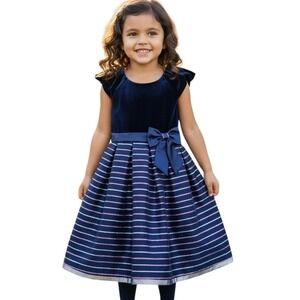 Jona Michelle Girls Navy Blue Velvet Glitter Striped Party Dress Size 8